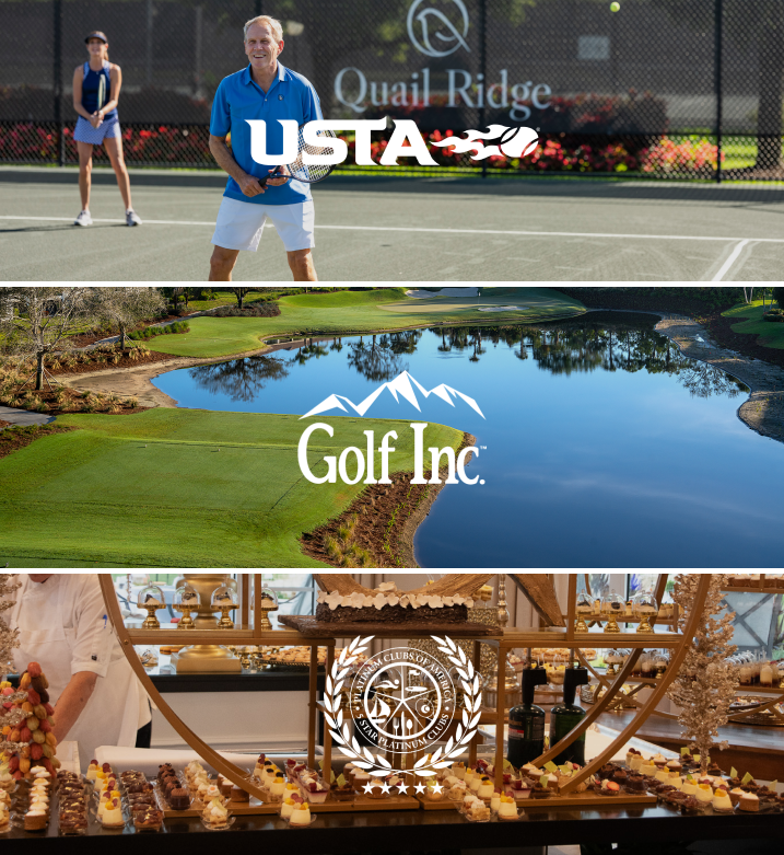 Tennis court, golf course, and dining display with logos